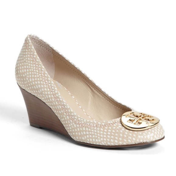 Tory Burch Shoes - Tory Burch Sally Polka Snake Leather
Wedge Pumps size 9